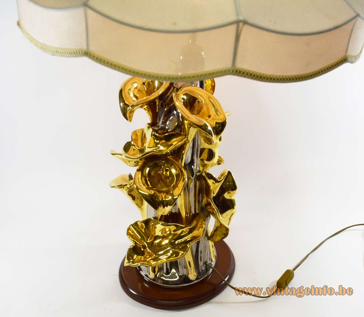 Zaccagnini Arum table lamp silver & gold painted ceramic flowers fabric lampshade Florence Italy Porcellane San Marco