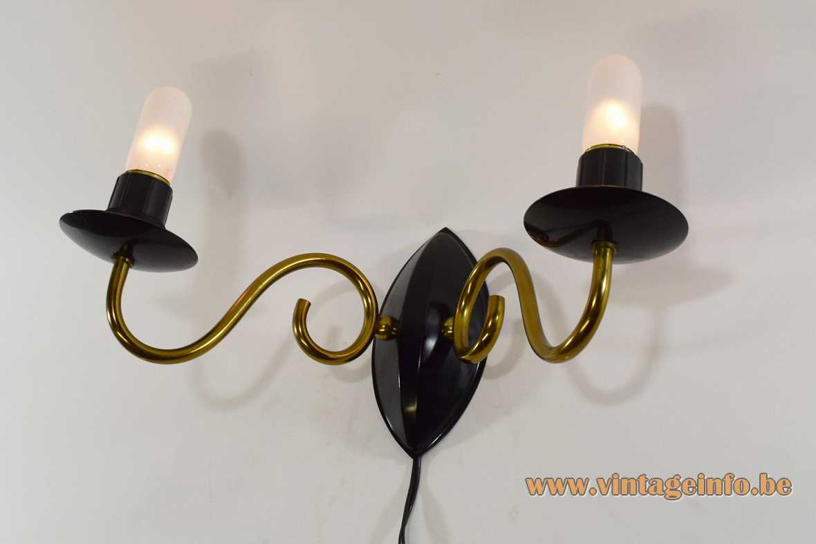 1950s candle wall lamp curved brass rods black painted metal 2 E27 sockets 1960s MCM