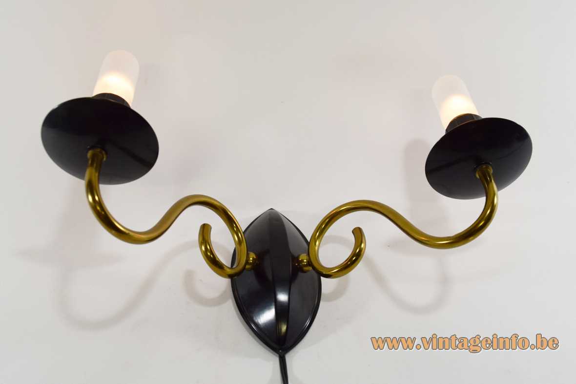 1950s candle wall lamp curved brass rods black painted metal 2 E27 sockets 1960s MCM