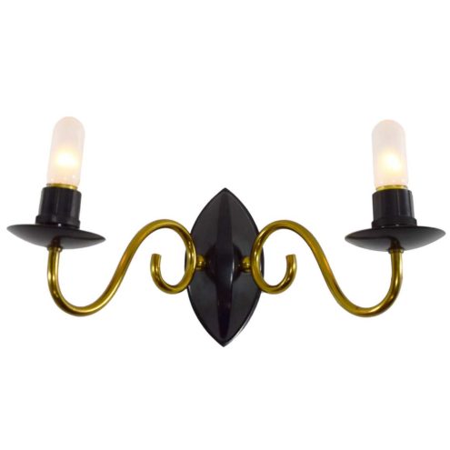 1950s candle wall lamp curved brass rods black painted metal 2 E27 sockets 1960s MCM
