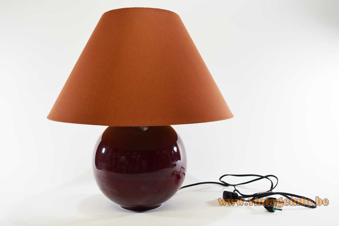 1970s ceramic globe table lamp aubergine eggplant coloured round ball conical fabric lampshade Massive Belgium 1960s