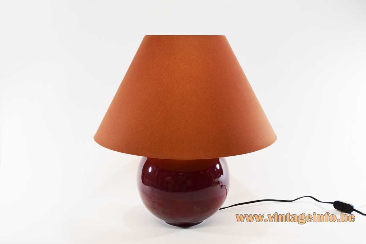1970s ceramic globe table lamp aubergine eggplant coloured round ball conical fabric lampshade Massive Belgium 1960s