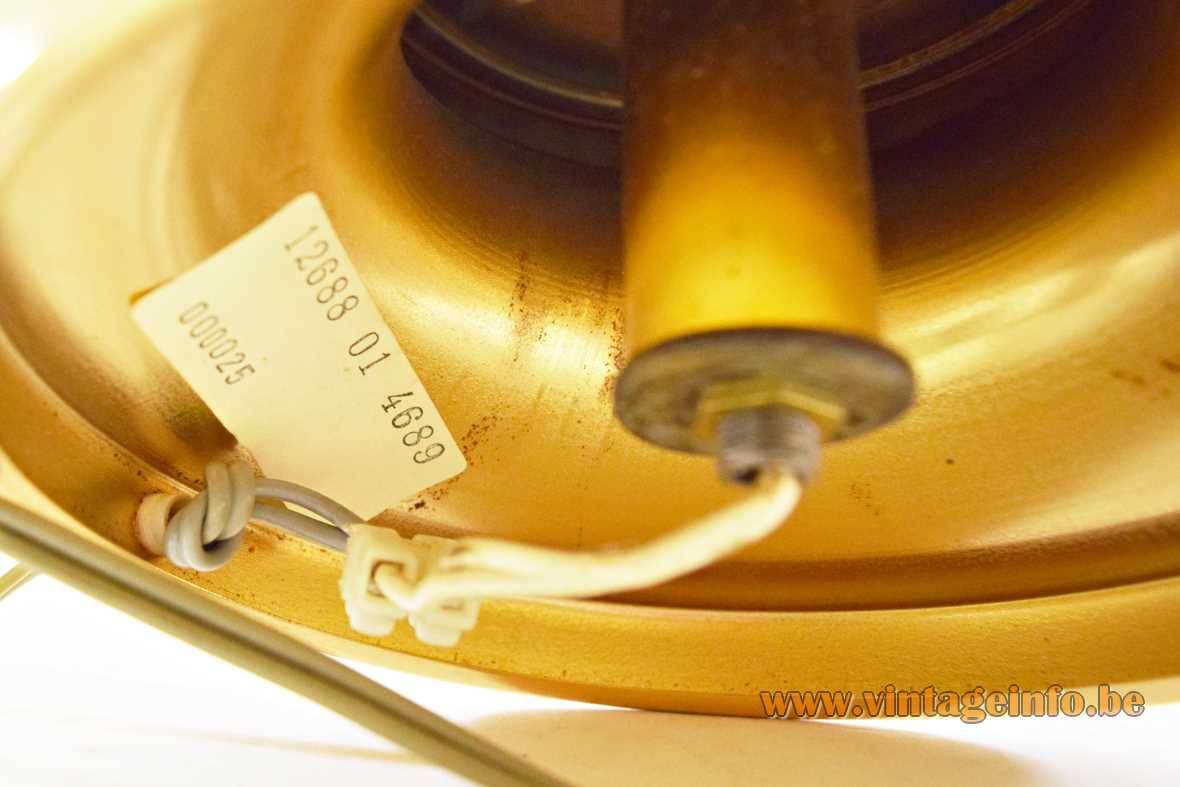 1970s Massive Belgium gold table lamp 2 globes big tubular yellow orange lampshade label