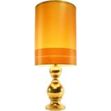 1970s Massive Belgium gold table lamp 2 globes big tubular yellow orange lampshade E27 socket