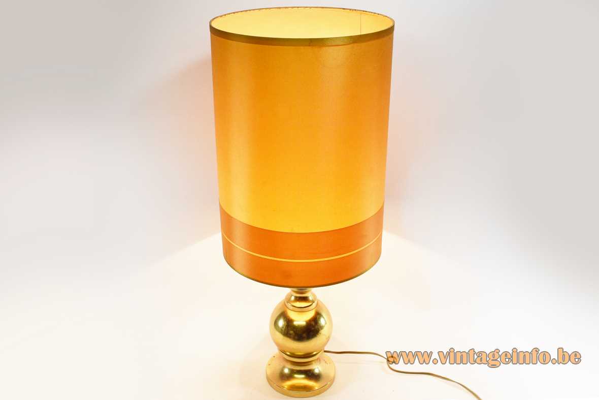 1970s Massive Belgium gold table lamp 2 globes big tubular yellow orange lampshade E27 socket