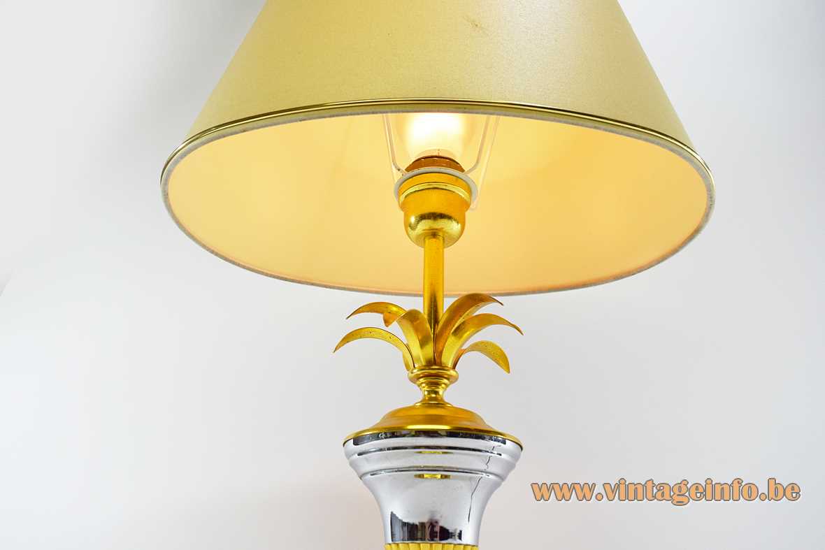 1980s palm leaves table lamp brass base chrome urn reeds conical fabric lampshade Massive Belgium 1970s