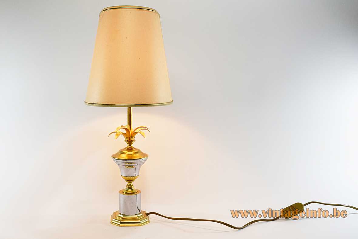 1980s palm leaves table lamp brass base chrome urn reeds conical fabric lampshade Massive Belgium 1970s