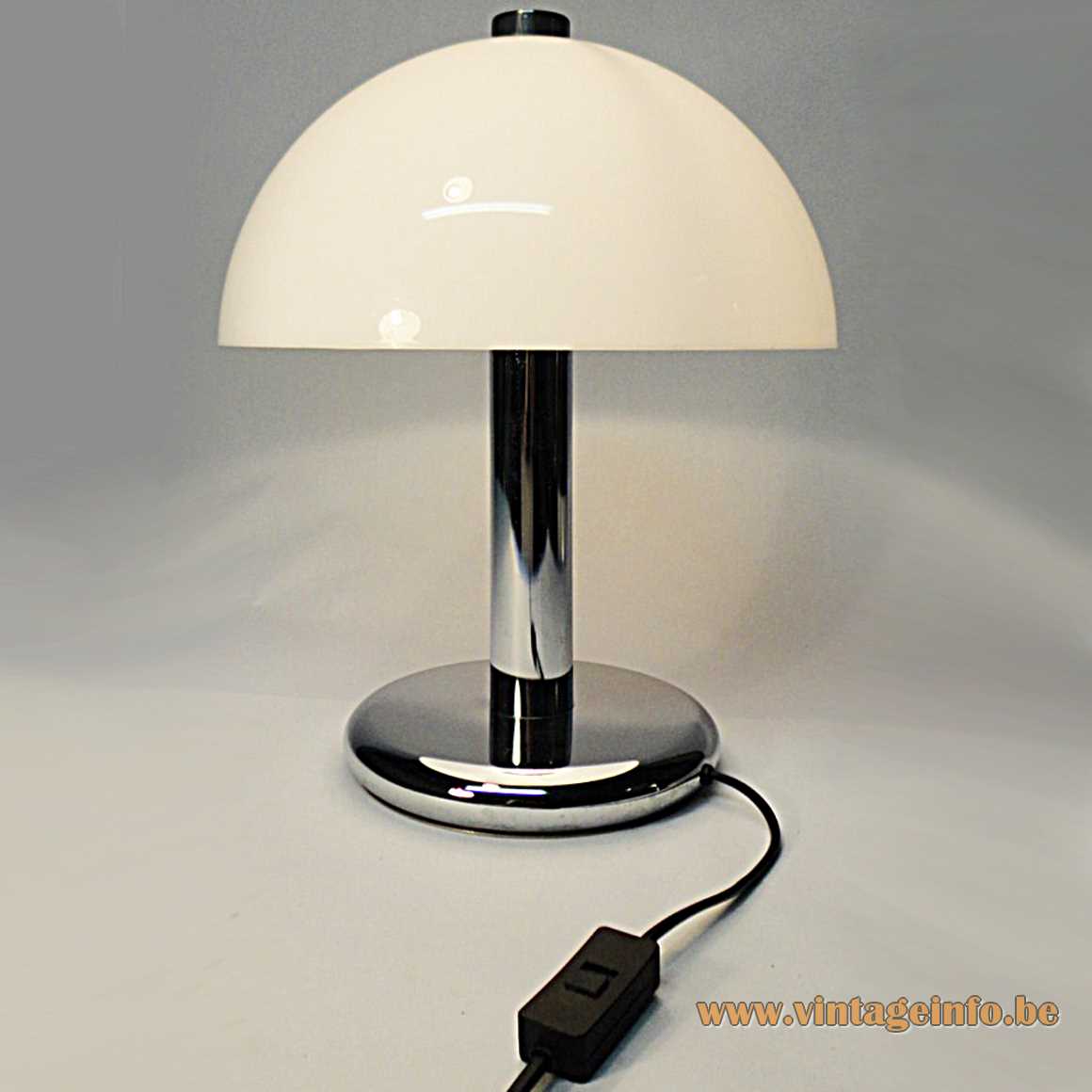 Acrylic & chrome mushroom table lamp round base & rod white plastic lampshade Massive Belgium 1970s 1980s