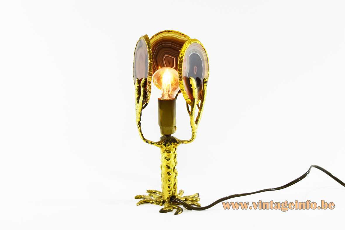 Henri Fernandez agate table lamp gilded brass tree roots rod 3 brown discs 1970s 1980s France
