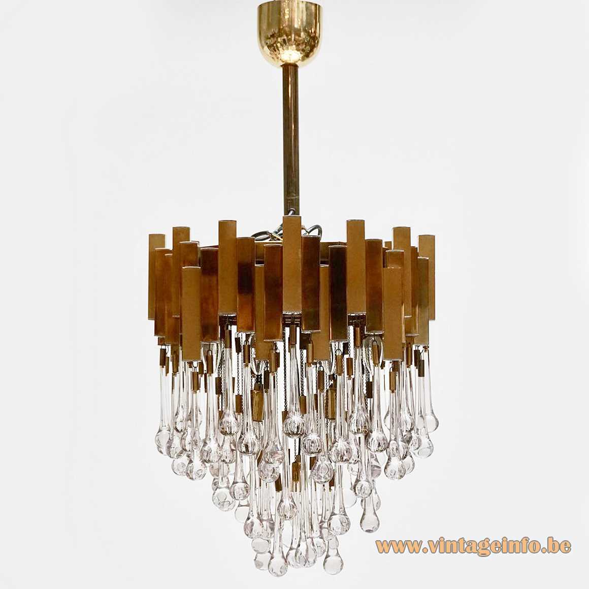 BD Lumica brass teardrop chandelier square metal tubes clear crystal glass drops 1970s Sciolari Willy Rizzo 