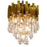 BD Lumica brass teardrop chandelier square metal tubes clear crystal glass drops 1970s Sciolari Willy Rizzo