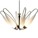 Opal glass and brass chandelier 6 convex lampshades curved pleated brass rods 1950s 1960s Massive Belgium