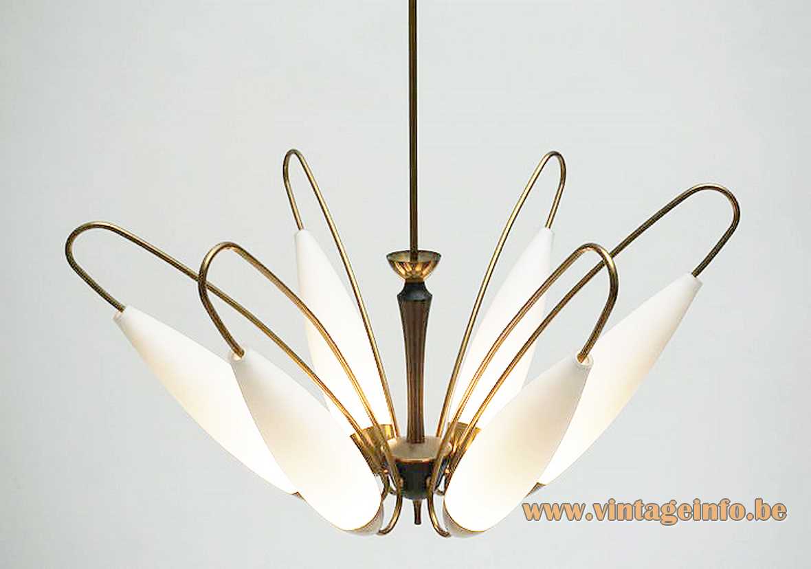 Opal glass and brass chandelier 6 convex lampshades curved pleated brass rods 1950s 1960s Massive Belgium