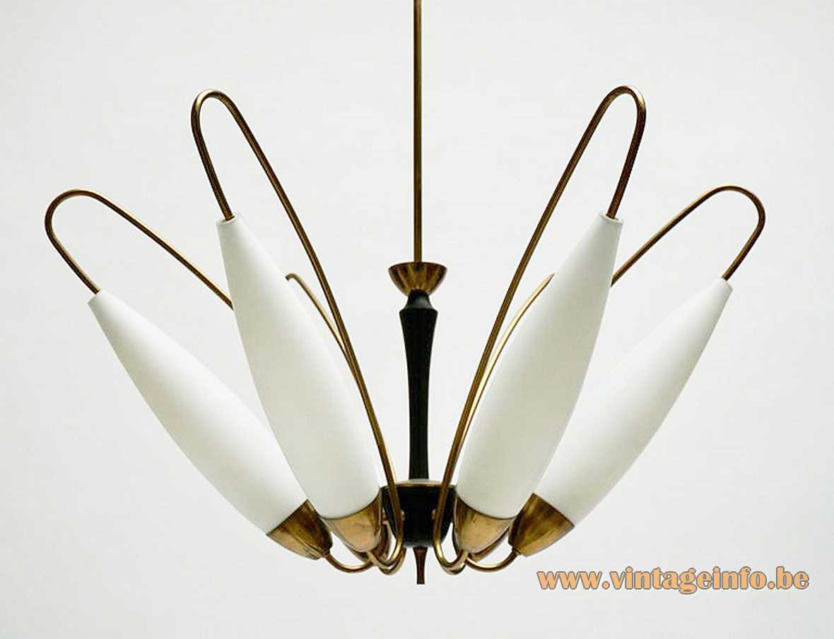 Opal glass and brass chandelier 6 convex lampshades curved pleated brass rods 1950s 1960s Massive Belgium