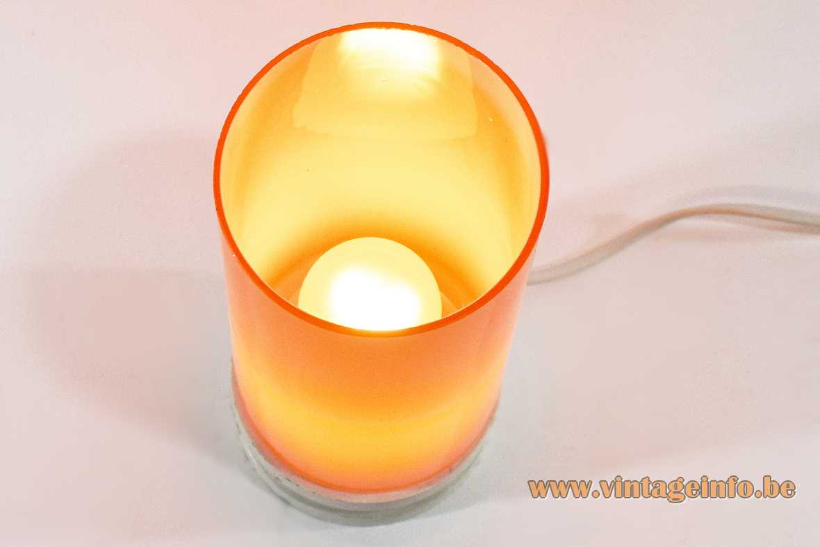 Orange glass tube table lamp white round wood base E14 socket Massive Belgium 1960s 1970s MCM