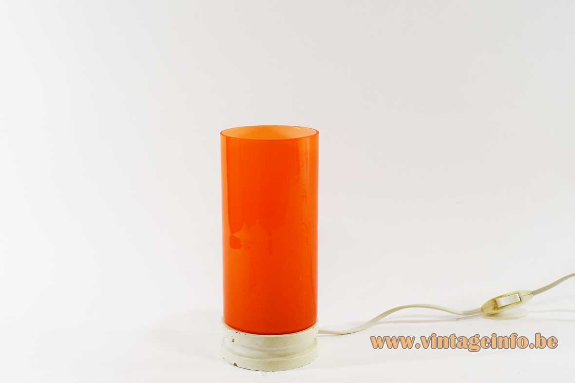 Orange glass tube table lamp white round wood base E14 socket Massive Belgium 1960s 1970s MCM