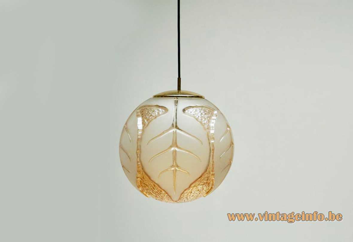 Peill + Putzler globe pendant lamp amber hand blown glass lampshade frosted leaves design 1970s 1980s Germany