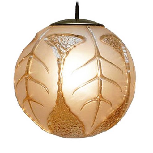 Peill + Putzler globe pendant lamp amber hand blown glass lampshade frosted leaves design 1970s 1980s Germany