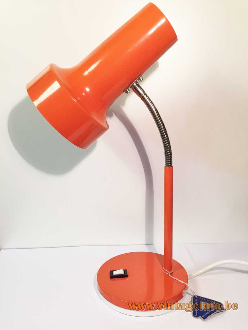 Pfäffle Leuchten desk lamp red-orange round base & rod chrome gooseneck tubular conical lampshade 1970s Germany