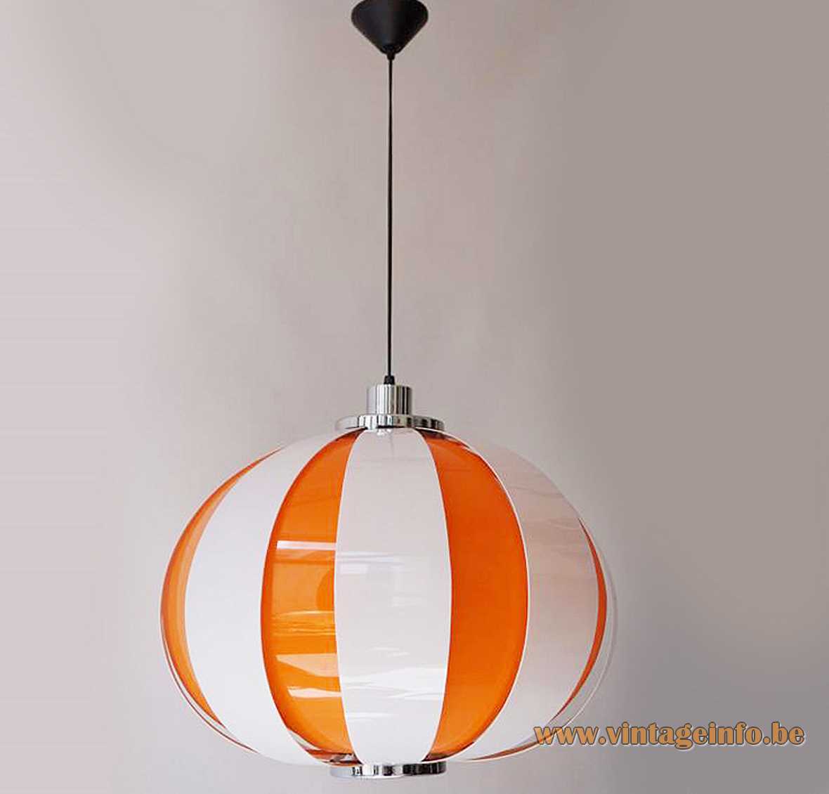 Plastic slats pendant lamp chrome rings white orange curved acrylic globe 1960s 1970s Massive Belgium