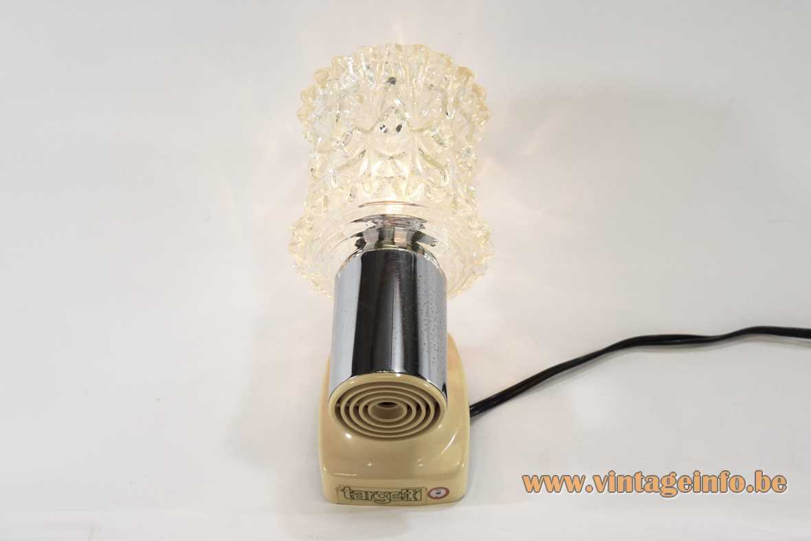 Targetti Sankey wall lamp chrome tube plastic mount pressed embossed glass lampshade E14 socket 1970s Italy