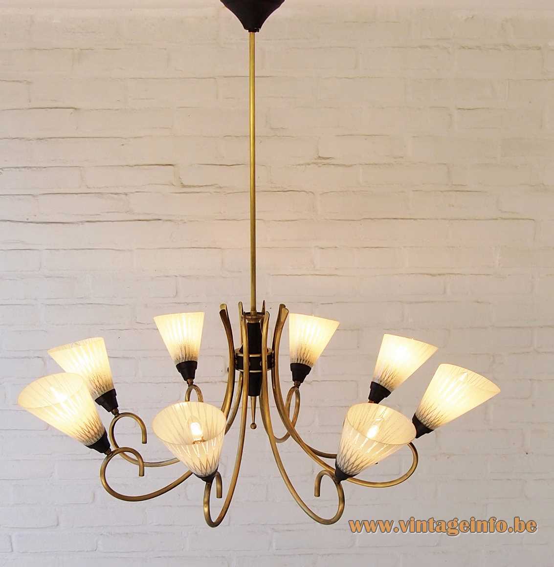 1950s 8-light spider chandelier amber glass brass curverd rods E14 lamp sockets Germany 1960s MCM
