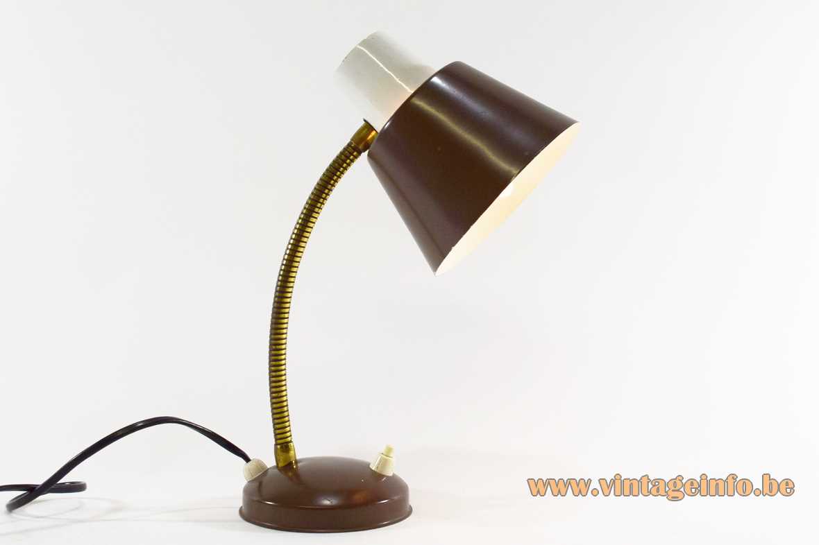 960s Hala gooseneck desk lamp brown round base brass goose-neck brown conical lampshade 1970s The Netherlands