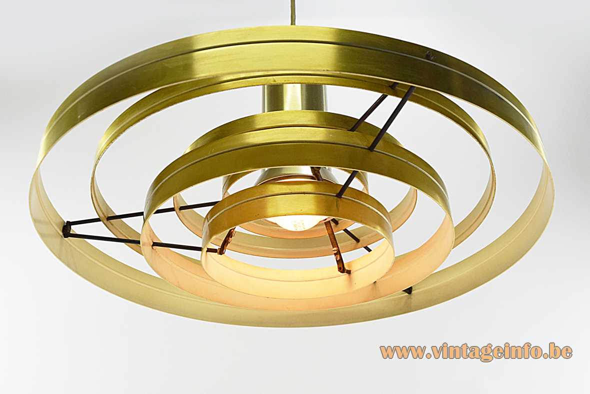 Fog & Morup Fibonacci pendant lamp 1963 design: Sophus Frandsen Saturn brass coloured aluminium rings lampshade 1960s