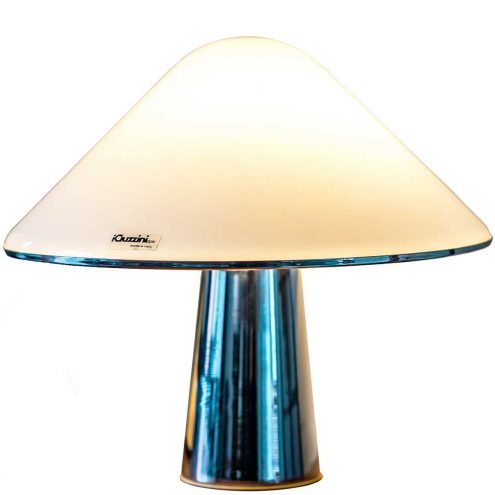 HaaHarvey Guzzini Elpis table lamp round chrome base conical acrylic mushroom lampshade 1960s 1970s iGuzzini Italyrvey Guzzini Elpis Table Lamp conical acrylic Perspex mushroom light with a chrome base E14 scoket