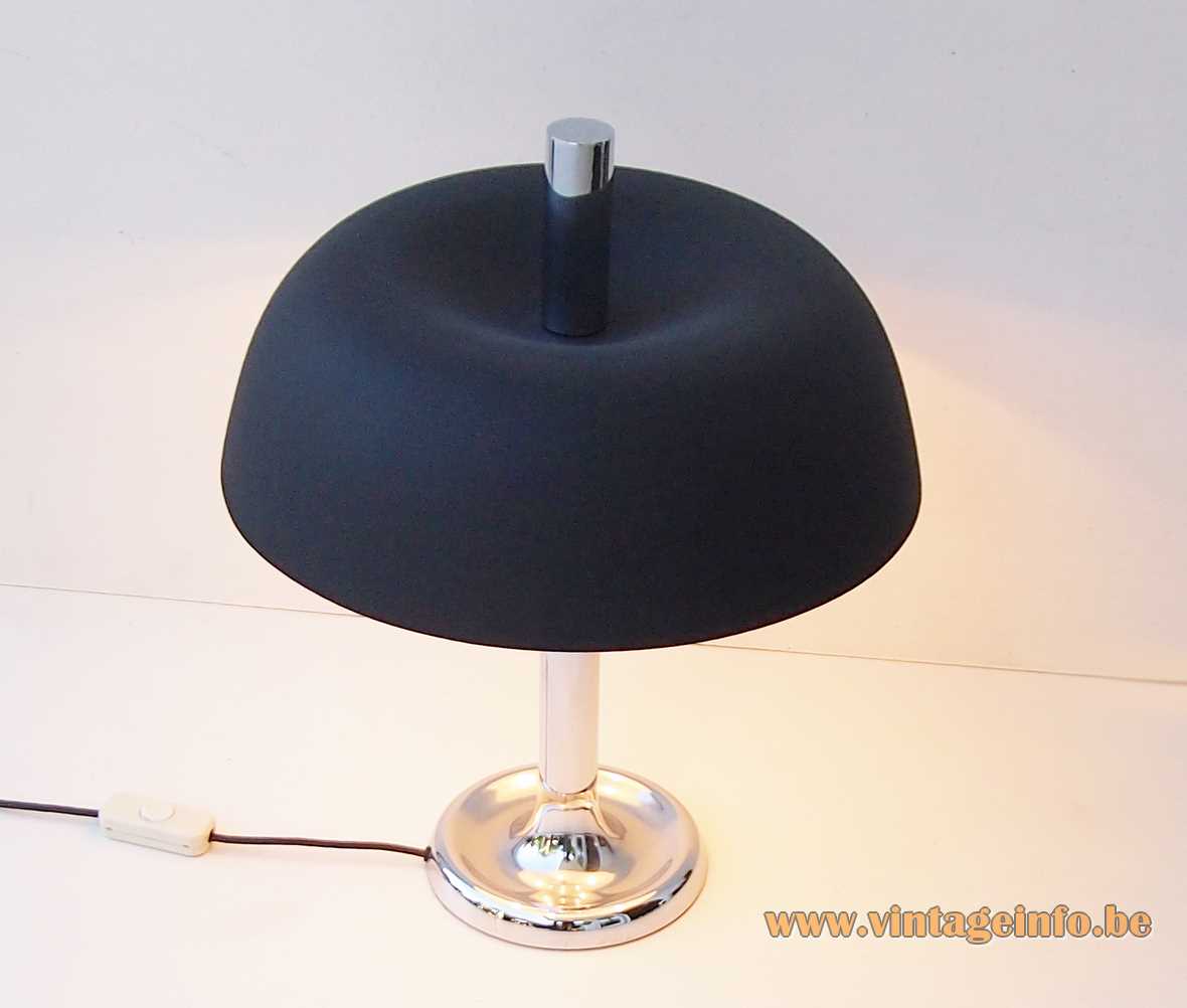 Hillebrand 7377 desk lamp chrome base & thick rod black aluminium mushroom lampshade 1970s Germany 