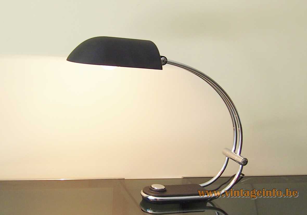 Hillebrand desk lamp 7619 black base & adjustable lampshade curved chrome rod 1970s Germany large switch