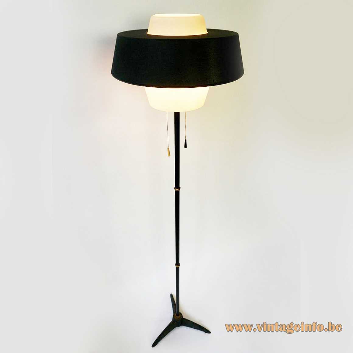 Louis Kalff NX 109 floor lamp black tripod base opal glass diffuser metal lampshade 1950s 1960s Philips
