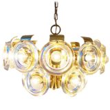 Oscar Torlasco lens chandelier brass frame & chain 15 optic discs lampshade Esperia Italy 1960s 1970s