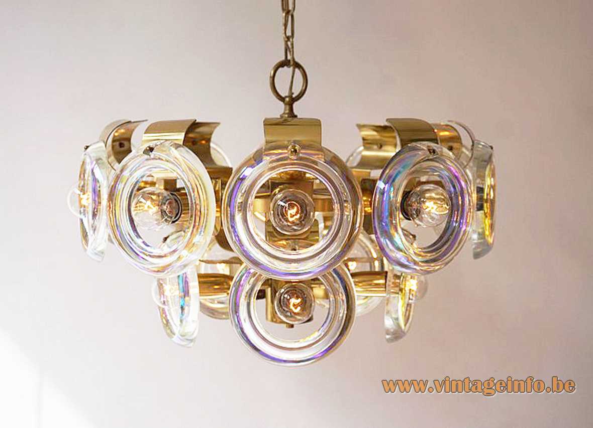 Oscar Torlasco lens chandelier brass frame & chain 15 optic discs lampshade Esperia Italy 1960s 1970s 
