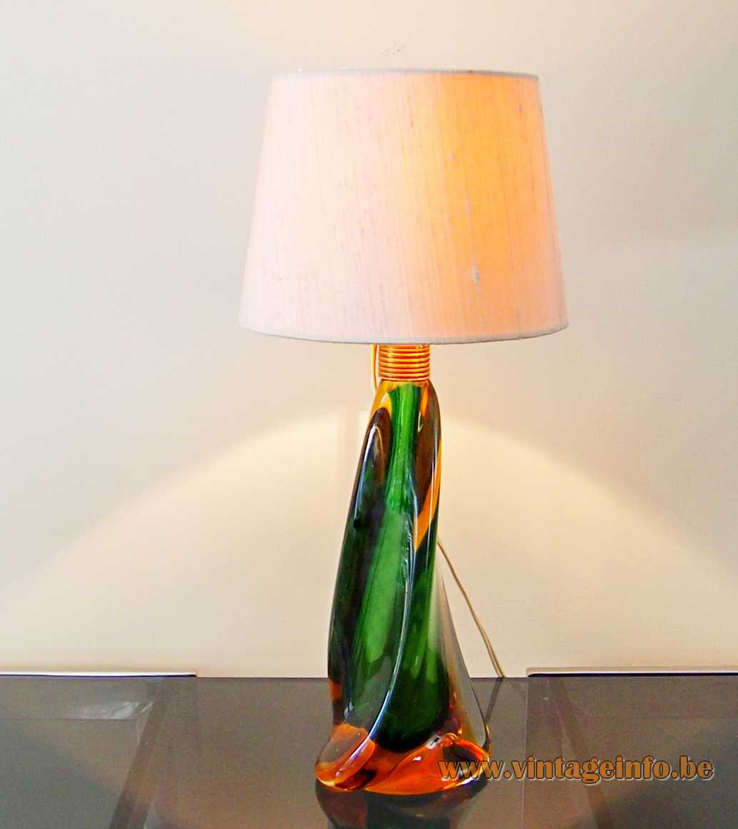 Pietro Toso table lamp hand blown Sommerso bio-morph Murano glass conical fabric lampshade 1950s 1960s Italy 