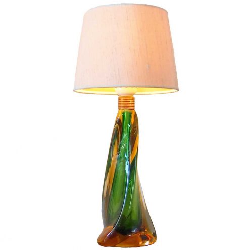 Pietro Toso table lamp hand blown Sommerso bio-morph Murano glass conical fabric lampshade 1950s 1960s Italy