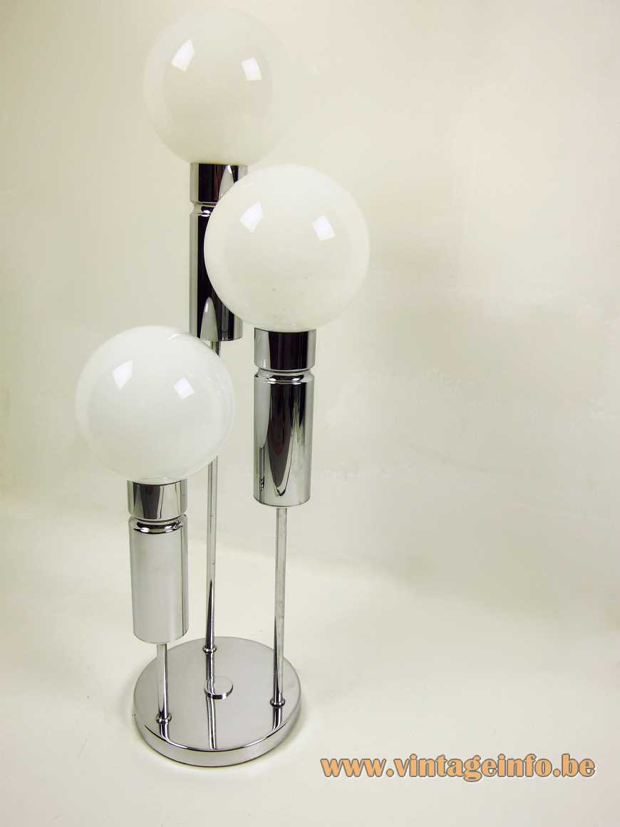 Solken Leuchten opal globes table lamp chrome tubes round base E14 lamp sockets 1970s MCM Mid-Century Modern Germany