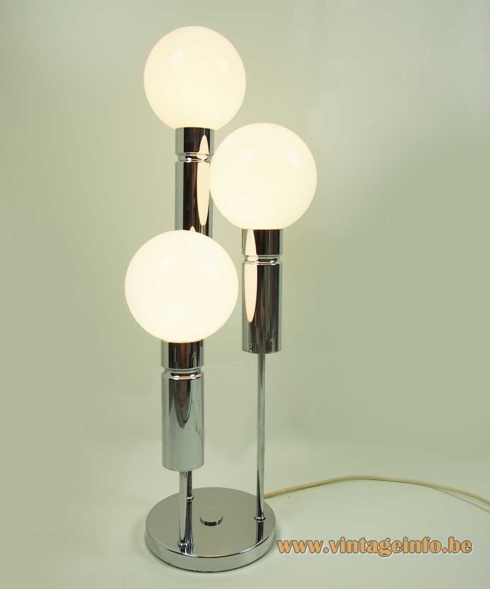 Solken Leuchten opal globes table lamp chrome tubes round base E14 lamp sockets 1970s MCM Mid-Century Modern Germany