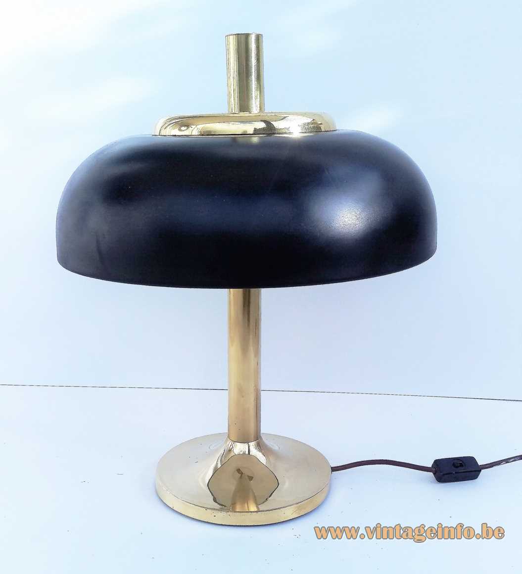 Solken-Leuchten mushroom desk lamp round brass base & rod black UFO lampshade 1970s Hillebrand Germany