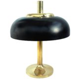 Solken-Leuchten mushroom desk lamp round brass base & rod black UFO lampshade 1970s Hillebrand Germany