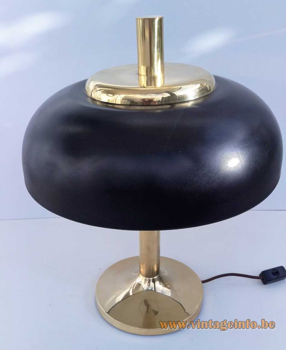 Solken-Leuchten mushroom desk lamp round brass base & rod black UFO lampshade 1970s Hillebrand Germany