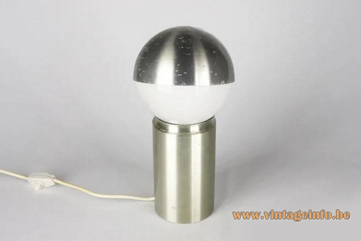 Antonio Carpintero globe table lamp brushed aluminium tube white opal glass metal lampshade 1970s Carpyen Spain 