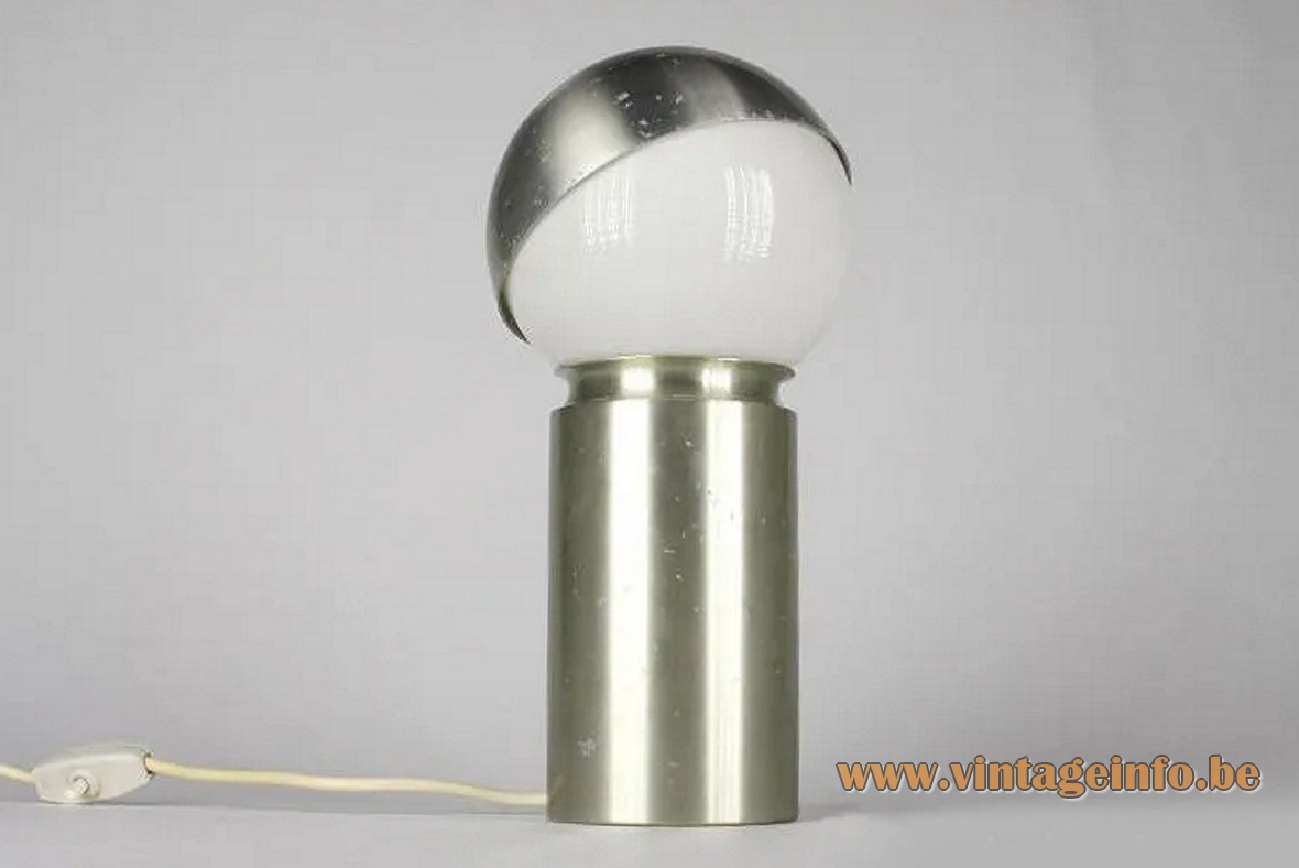 Antonio Carpintero globe table lamp brushed aluminium tube white opal glass metal lampshade 1970s Carpyen Spain 