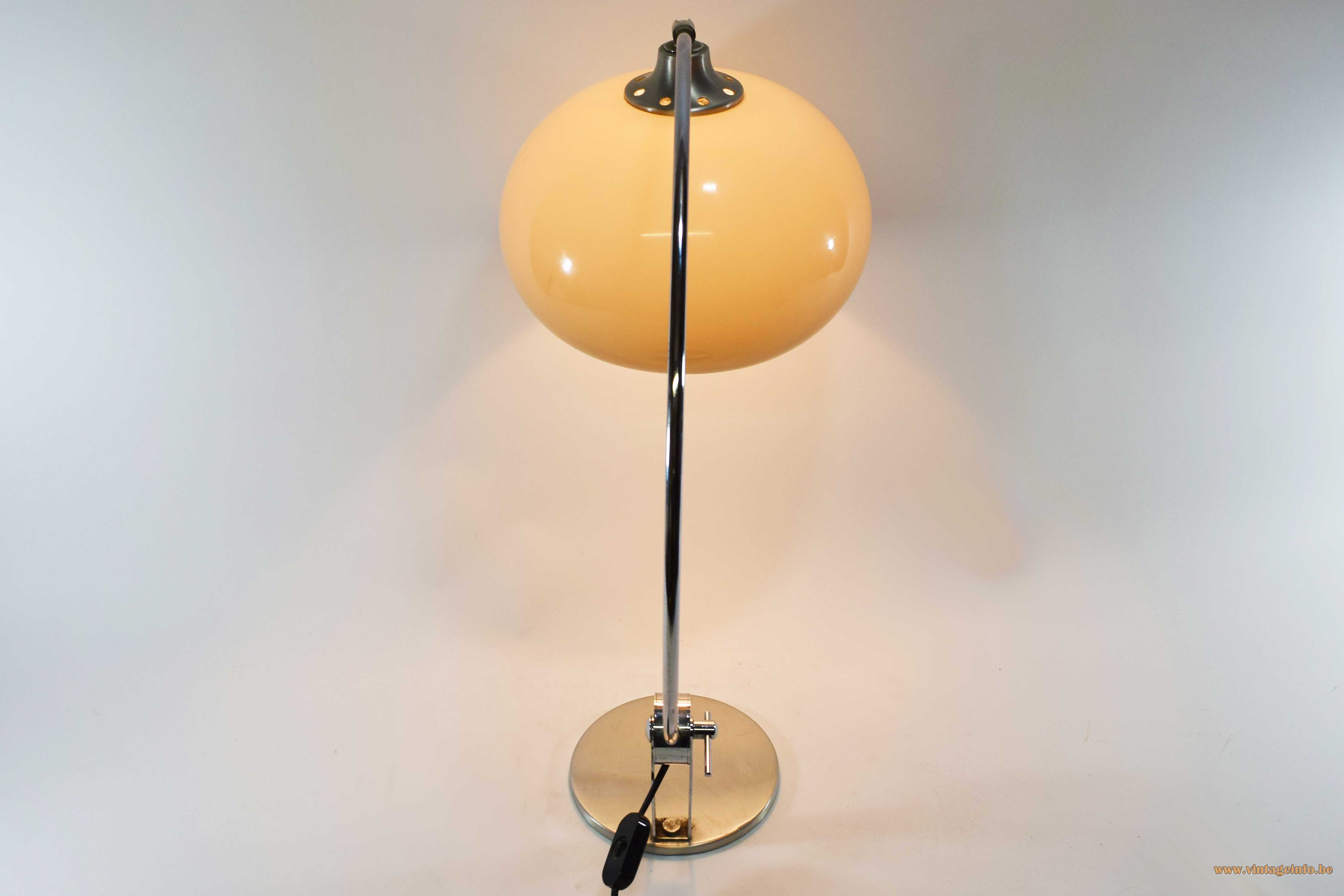 Chrome arc table lamp flat round base curved rod brown acrylic globe lampshade 1960s 1970s Massive 