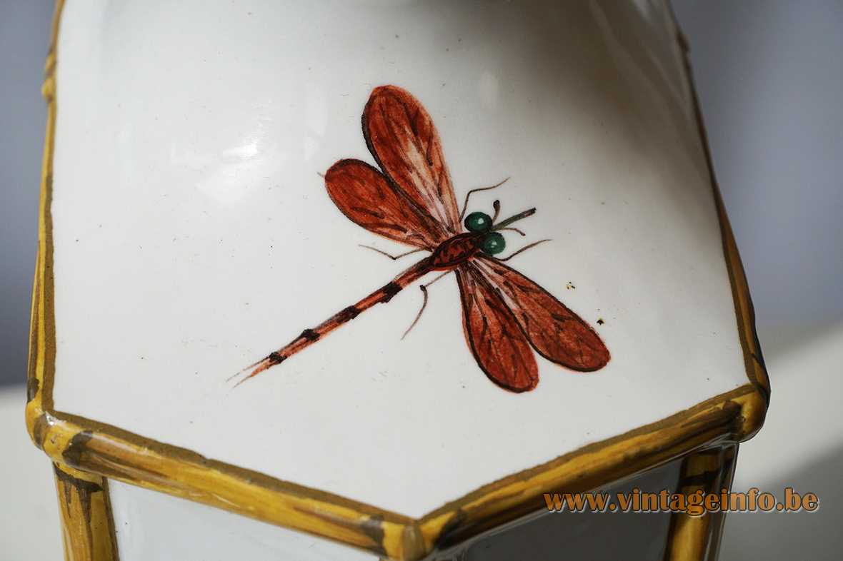 Costa dragonfly table lamp ceramics base insect decoration willows & fabric lampshade 1970s Italy design Sergio Campagnolo