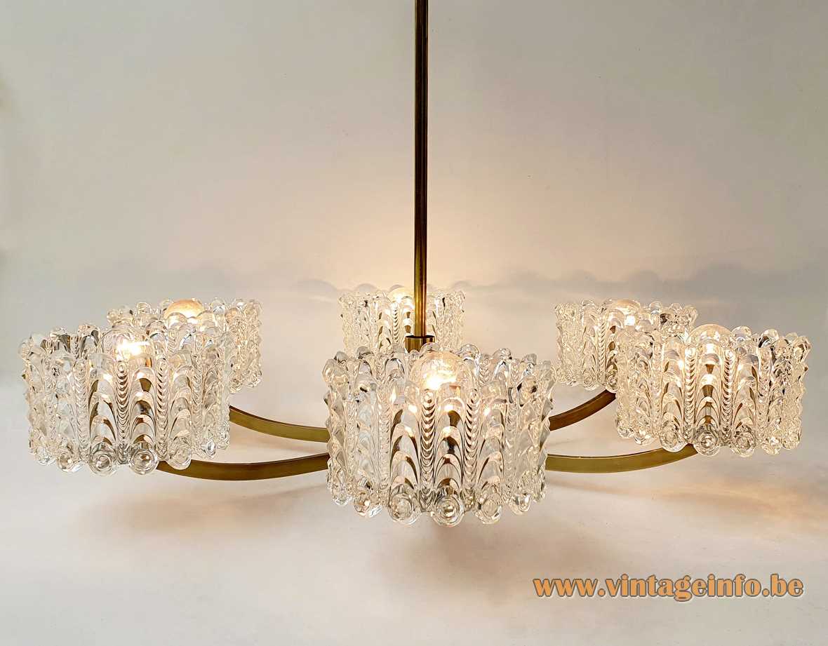 DORIA crystal glass bowls chandelier curved brass rods 6 clear embossed chalices 1960s 1970s Germany