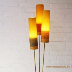 Fibreglass Triple Rocket Floor Lamp – Dame & Co, Neheim, Germany Fibreglass triple rocket floor lamp round base brass rods yellow-orange glass fibre lampshades 1950s 1960s Dame & Co Neheim Germany