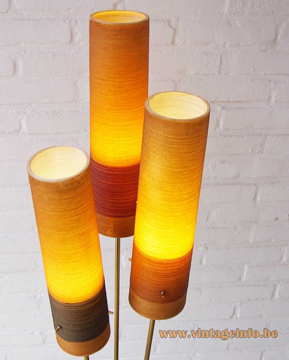 Fibreglass triple rocket floor lamp round base brass rods yellow-orange glass fibre lampshades 1950s 1960s