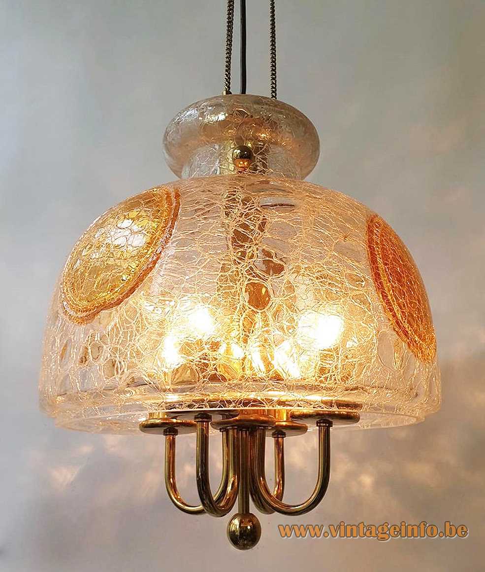 Glashütte Limburg crackle glass chandelier design: Herbert Proft clear & amber glass lampshade brass rods 1970s 1980s