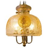 Glashütte Limburg crackle glass chandelier design: Herbert Proft clear & amber glass lampshade brass rods 1970s 1980s